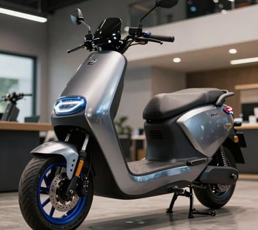 A sleek electric scooter detailed with steel blue accents, parked inside a modern South American / Brazilian showroom with industrial finishes.