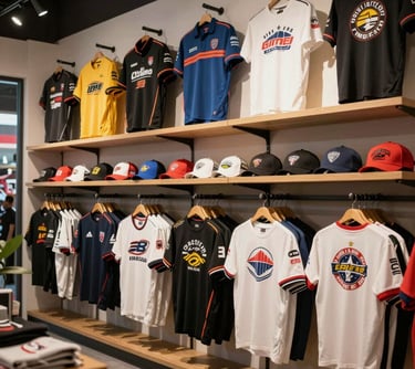 A collection of exclusive racing-themed apparel and souvenirs displayed in an organized, premium South American / Brazilian retail space.