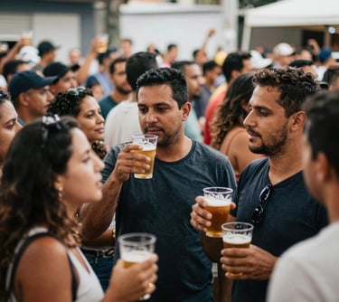 A dynamic shot of a lively crowd gathered at a social event in a South American / Brazilian hub, with people talking and holding glasses of beer. The mood is energetic and authentic.