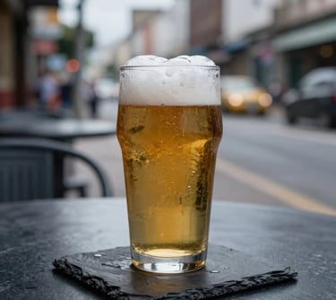 A close-up of a cold, frothy glass of beer on a dark slate navy metal table, with a blurred South American / Brazilian urban street scene in the background.