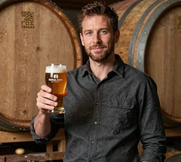Portrait of our Head Brewmaster in a dark slate shirt, holding a glass of amber-colored Himalayan beer, standing near earthy brown wooden aging barrels.