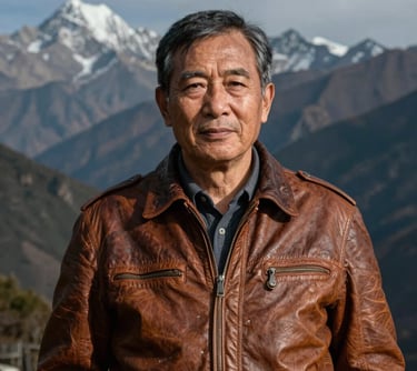 Portrait of our Founder, an adventurer in an earthy brown leather jacket, with the dark slate peaks of the Himalayas in the far background.