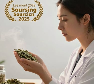 Portrait of our lead sourcing expert examining sage green mountain herbs, with a warm mist white backlight highlighting her profile.