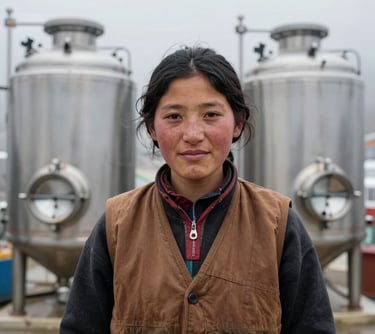 Portrait of a young Sherpa woman, our quality lead, wearing an earthy brown vest, standing in front of stainless steel brewing tanks in a high-altitude facility with a mist white aesthetic.