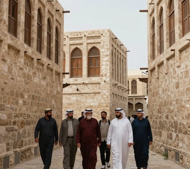A guided architectural tour group in the alleys of Jeddah's old town, featuring historical stone buildings and wooden windows, Middle Eastern / Saudi Arabian setting.