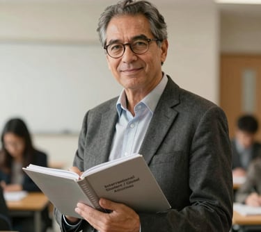 Professional portrait of a mentor holding a silver notebook, professional university setting, warm charcoal and off-white tones, International Student / Global Audience.