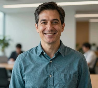 Professional portrait of an advisor in a medium teal shirt, modern office background with soft lighting, approachable and trustworthy expression, International Student / Global Audience.