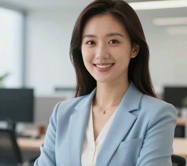 Professional portrait of a specialist in a light blue blazer, clean and bright office environment, sharp focus, International Student / Global Audience.
