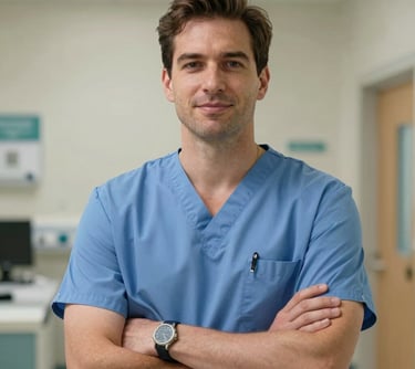 A professional portrait of a male clinician in a North American / US hospital or clinical research setting, appearing helpful and trustworthy in his attire and posture.