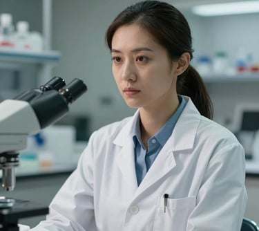 A professional portrait of a female scientist in a North American / US laboratory setting, wearing a lab coat, with a focused and serious expression, representing expertise in neurodegenerative research.