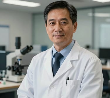 A professional portrait of a male medical researcher in a modern North American / US office environment, wearing professional attire and looking toward the camera with a confident, trustworthy expression.