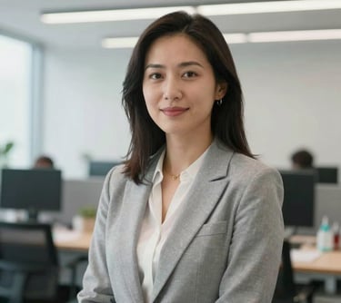 A professional portrait of a female research strategist in a modern North American / US office, with a clean and bright background, reflecting hope and scientific innovation.