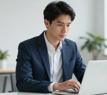 A professional in a clean, modern North American office setting, wearing a tailored navy blazer, looking confidently at a laptop screen. The background is a soft-focus studio with minimalist decor.
