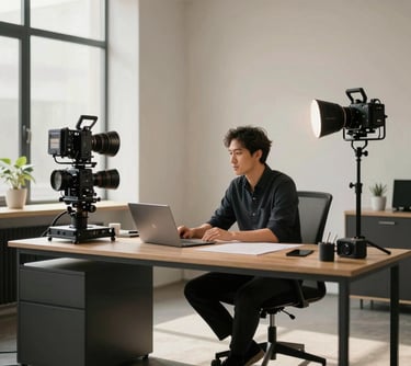 A creative professional in a modern North American studio environment, surrounded by high-end tech equipment and sleek furniture. The lighting is clean and natural, highlighting a sophisticated workspace.