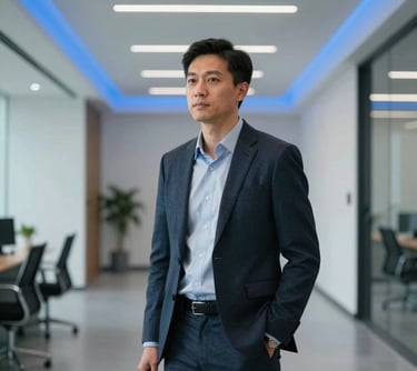 A professional media specialist standing in a sleek, minimalist North American office hall with sky blue lighting accents. They are dressed in smart casual business attire, looking poised and knowledgeable.