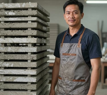 Portrait of a Southeast Asian man in a workshop setting, wearing a professional apron. He is standing next to a stack of high-quality cement rosters. Soft workshop lighting, clean and professional.