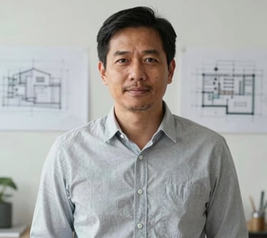 Portrait of a Southeast Asian man in his 40s, a professional designer, wearing a neat casual shirt. He is standing in a bright, modern studio with architectural drawings in the background. Natural lighting.