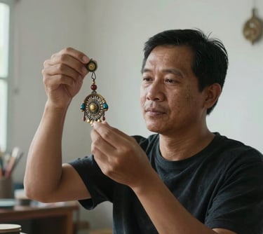 Portrait of a Southeast Asian man, a specialist in ornaments, holding a small decorative ceiling piece. He is in a well-lit, minimalist workspace with a focus on craftsmanship.