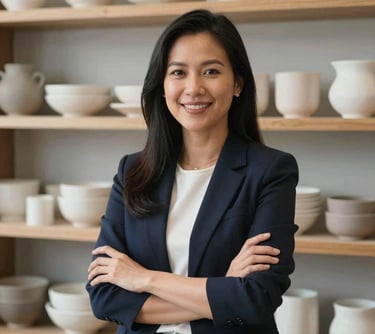 Portrait of a Southeast Asian woman, a materials consultant, looking confident and smiling. She is in a clean, modern office space with samples of ceramic and clay materials on the shelves behind her.