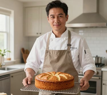 A portrait of a culinary expert in a modern kitchen setting, holding a cooling rack with a cassava cake, set in a bright North American home with beige and tan accents.
