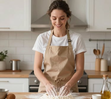 A professional portrait of a woman in her late 30s wearing a modern tan apron in a bright, airy North American kitchen, smiling warmly while dusting flour onto a wooden counter.
