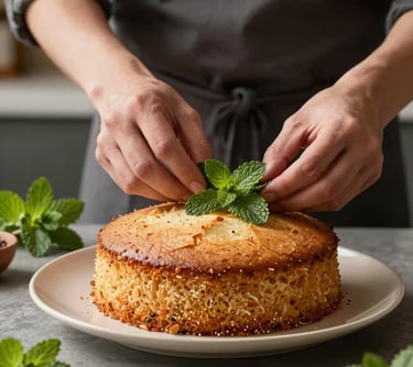 A portrait of a food stylist carefully arranging fresh mint leaves next to a cassava cake on a cream-colored ceramic plate, shot in a high-end US residential kitchen.
