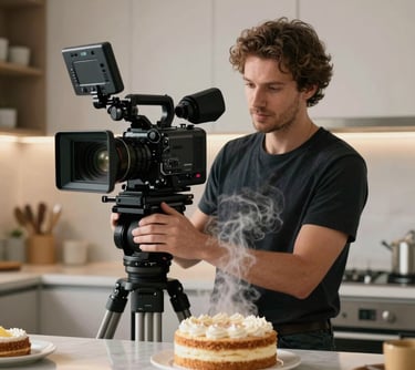 A professional portrait of a male filmmaker holding a digital cinema camera in a well-lit modern kitchen studio, focused on capturing the steam rising from a fresh cake.