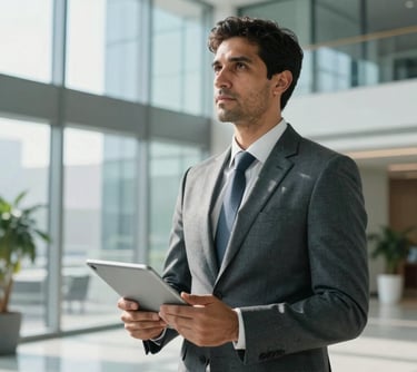 Corporate portrait of a male professional executive in a smart tailored suit, holding a tablet, standing in a bright European and Gulf Cooperation Council (GCC) office lobby with glass walls. Natural professional lighting, slate blue tones.
