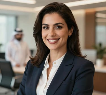 Professional headshot of a female business advisor in elegant formal attire, smiling confidently, set against a blurred background of a modern European and Gulf Cooperation Council (GCC) corporate office. Warm soft focus lighting, clean aesthetic.