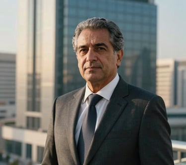 Corporate headshot of a senior male executive in a sharp business suit, looking forward with confidence, inside a modern high-rise office in a European and Gulf Cooperation Council (GCC) financial hub. Warm natural light, off-white and dark blue background.