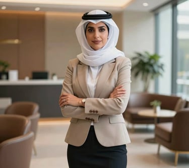 Professional portrait of a female operations manager standing confidently in a sophisticated corporate lounge, presenting a European and Gulf Cooperation Council (GCC) business style. Balanced daylight, refined and warm composition.