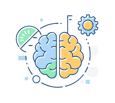 A colorful brain icon with gears and shapes representing logic, creativity, and cognitive function.