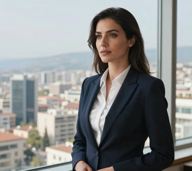 A portrait of a female travel coordinator in professional attire, looking ready to assist, with a modern Antalya city view through the window.