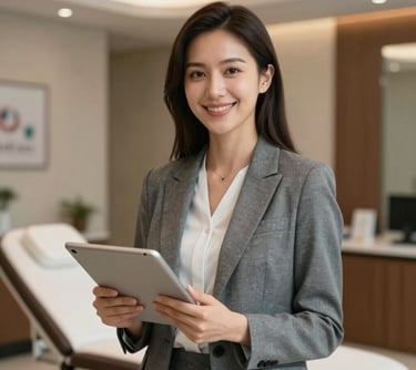 A portrait of a professional female patient coordinator in smart business attire, holding a tablet and smiling warmly in a luxury medical office setting.