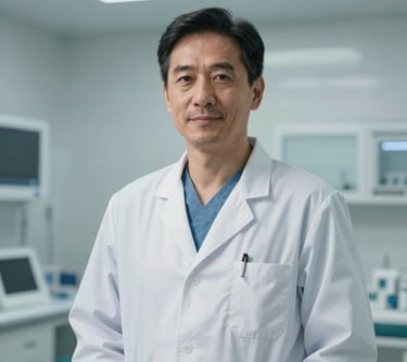 A portrait of a professional male medical surgeon in a clean white coat, standing in a brightly lit modern clinic with a calm and trustworthy expression.
