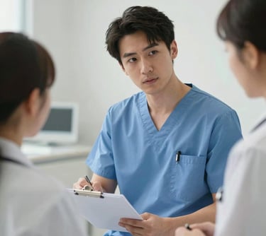 A portrait of a male aesthetic specialist in medical scrubs, focusing on a consultation chart in a bright, high-tech clinical environment.