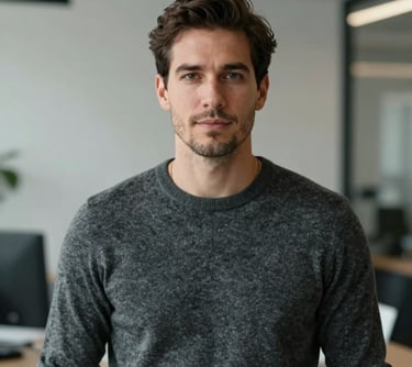Professional portrait of a man in a modern charcoal grey sweater, looking approachable and professional, with a minimalist office interior blurred in the background. North American / International.