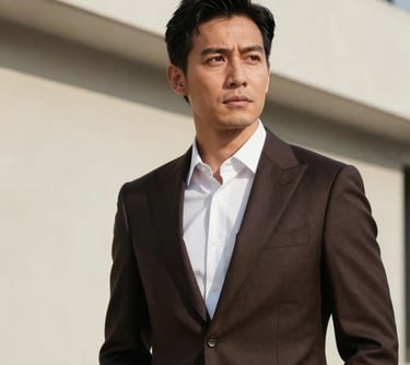 Professional portrait of a man in a well-tailored dark brown suit, looking thoughtfully off-camera, set against a backdrop of clean architectural lines. North American / International.