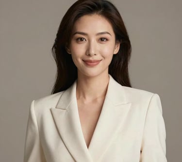 Professional portrait of a woman with a confident and warm expression, dressed in a sophisticated off-white blazer, set against a soft taupe studio background. North American / International.