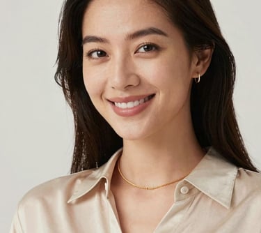 A professional headshot of a woman with an elegant, friendly smile, wearing subtle gold jewelry and a light beige silk blouse. Clean, high-key lighting. North American / International.