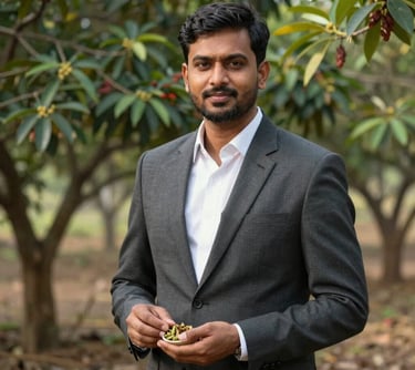 A professional portrait of a South Asian / Indian sourcing specialist standing in a cardamom grove. He is wearing sophisticated, modern attire and holding a small sample of fresh spices. Natural lighting, premium photography style.