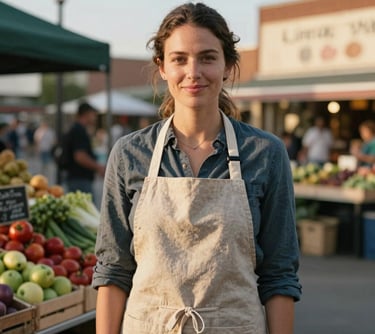A professional outdoor portrait of a friendly woman in a linen apron, standing before a colorful produce stall in a North American town square during golden hour.