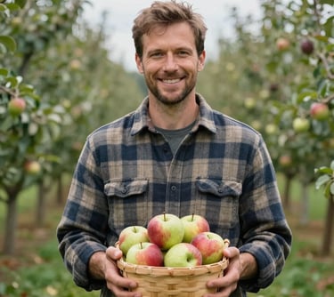 Photography of a man in a flannel shirt holding a small basket of fresh apples, smiling, with a soft-focus background of a green North American orchard.