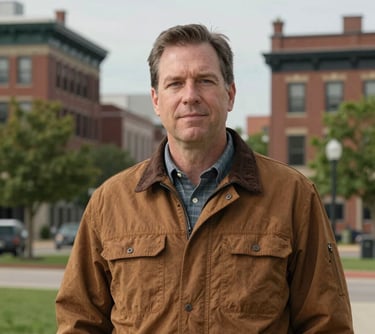 Professional outdoor portrait of a community leader in a brown field jacket standing against a background of historic North American brick buildings and green trees in soft daylight.