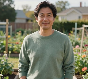 Portrait of a person in a casual sage green sweater standing in a bright sunlit North American community garden, looking at the camera with a welcoming expression.