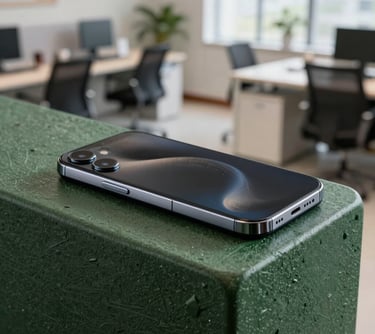 A sleek smartphone resting on a refined forest green recycled plastic surface in a bright, modern Indian office environment.