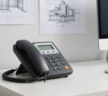 A professional, minimalist workspace in India with a sleek desk phone and clean architectural drawings in the background.