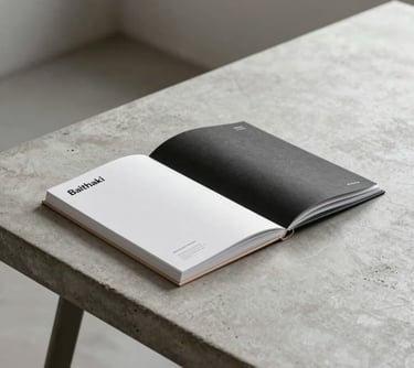 A minimalist, premium product catalogue with the Baithaki brand name visible, resting on a clean concrete table in an architectural studio.