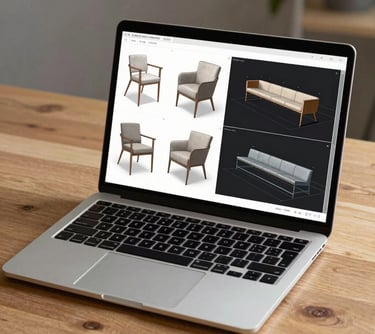 A high-end laptop display showing architectural furniture designs and CAD models of public seating, on a clean wooden desk.