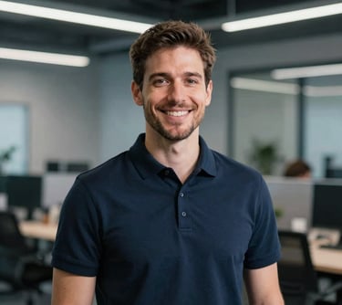 Professional portrait of a male principal engineer in a deep navy polo shirt, smiling confidently in a modern technical office with muted steel blue accents and soft lighting.